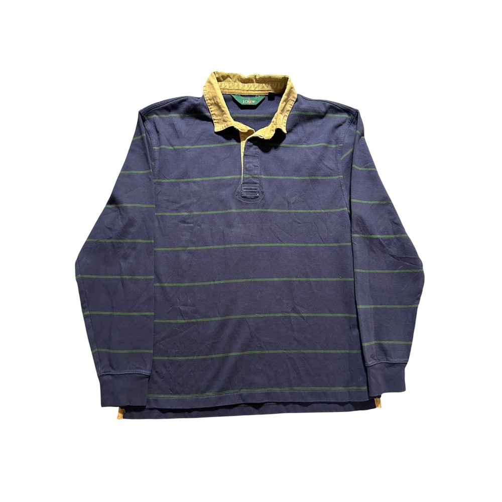 J.Crew Rugby Shirt Mens M Navy Blue Green Striped Corduroy Collar Long Sleeve
